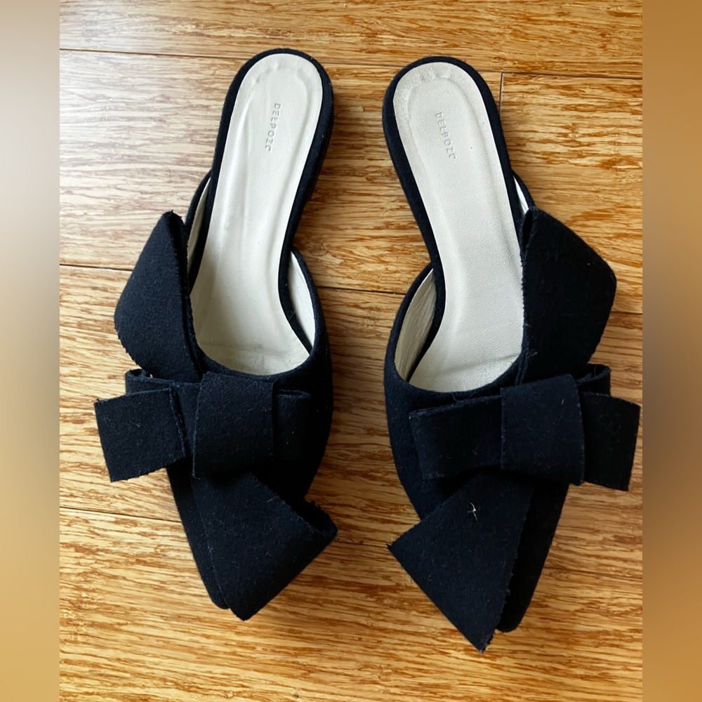 Black Delpozo fabric pointed bow flats